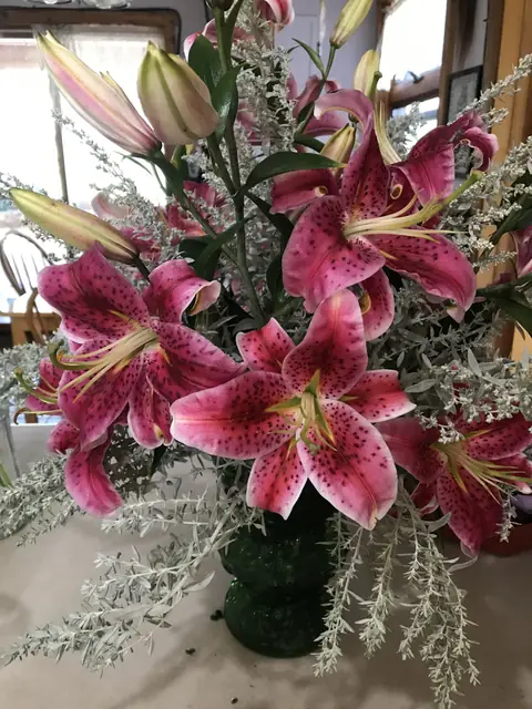Bouquet of pink lilies and silver sage