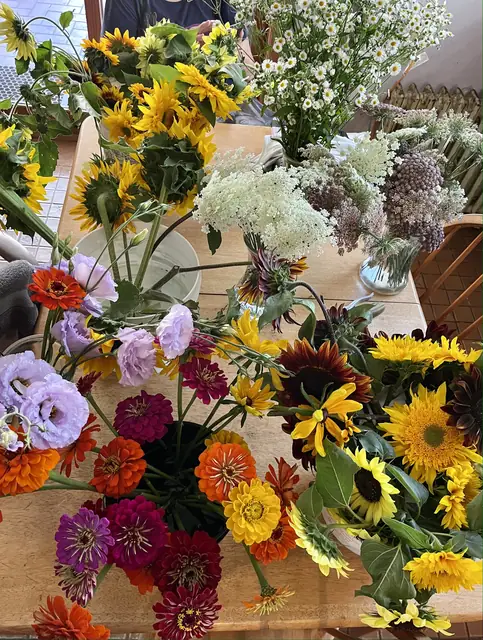 Bouquet of dara, zinnias, sunflowers, and lisianthus