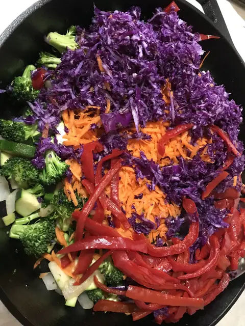 Farm-grown cabbage, carrot, broccoli, pepper, onion, and zucchini