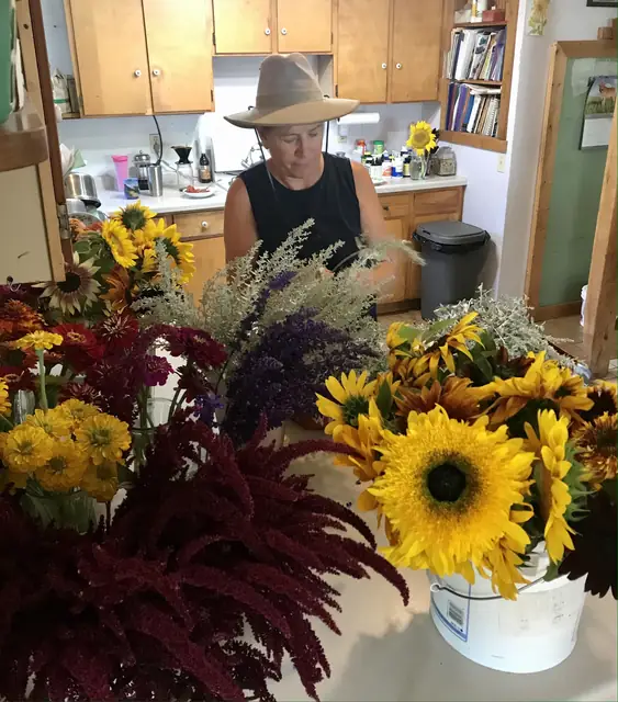 Mary arranging sunflower and amaranth bouquets